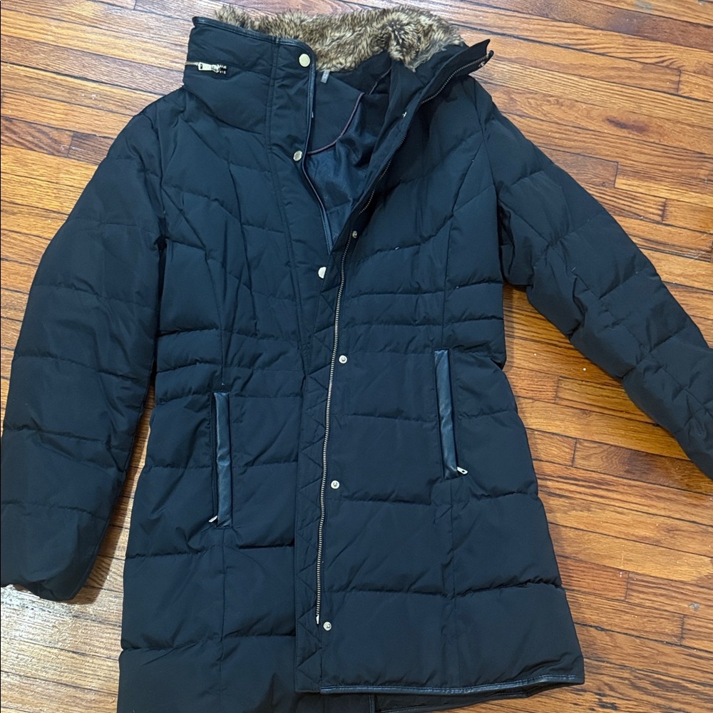Cole Haan Black Puffer Coat with Faux Fur Collar
